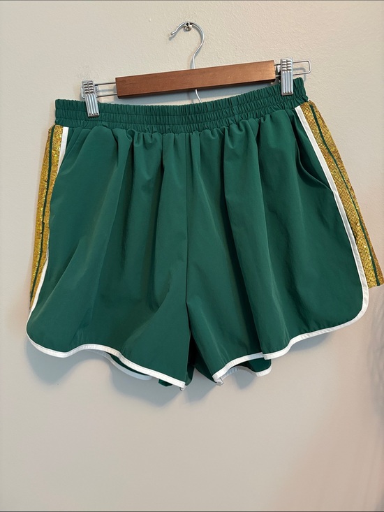 QUEEN OF SPARKLES Pants - QUEEN OF SPARKLES Green Athletic Shorts with White Trim and Gold Side Stripe